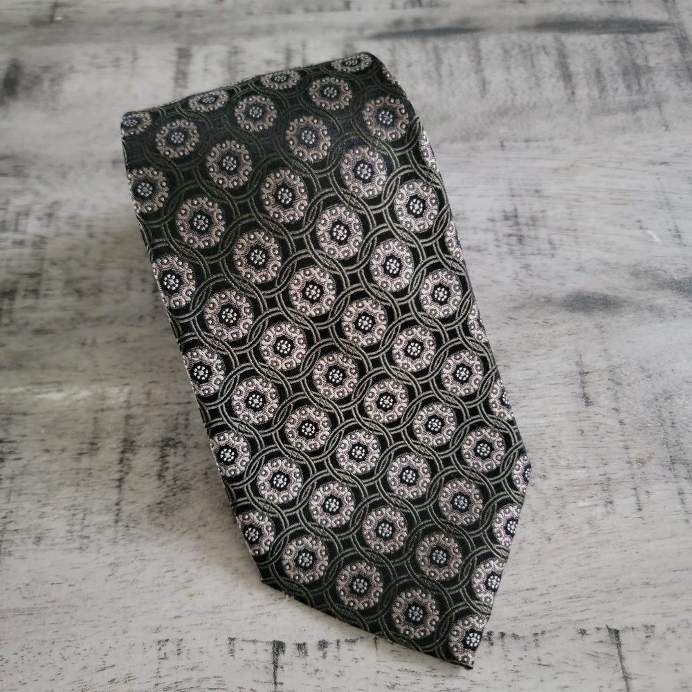 Burma Bibas Black and Sage Green Print Silk Tie 60 x 3.5